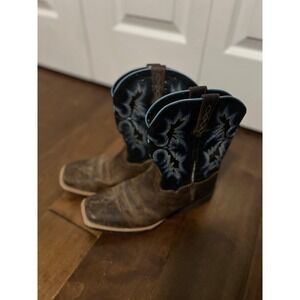 Ariat Cowboy Western Boots Square‎ Toe Distressed Leather Blue Stitching